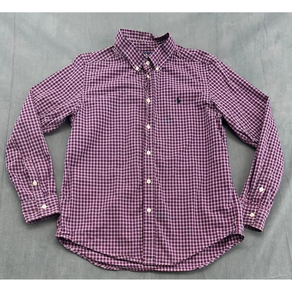 Ralph‎ Lauren Boys Long Sleeve Button Down Shirt Plaid Blue Red Size L 14 16
